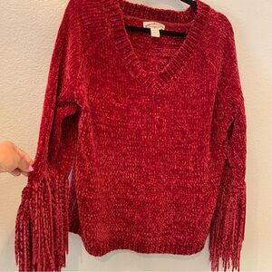 Oliver By Escio Red Chunky Knit Chenille Fringe Sleeve V Neck Sweater Size Large